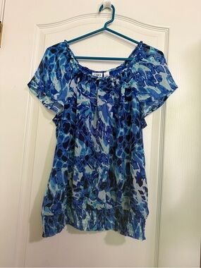 Cato Blue Multi-Pattern Flutter Sleeve Blouse
